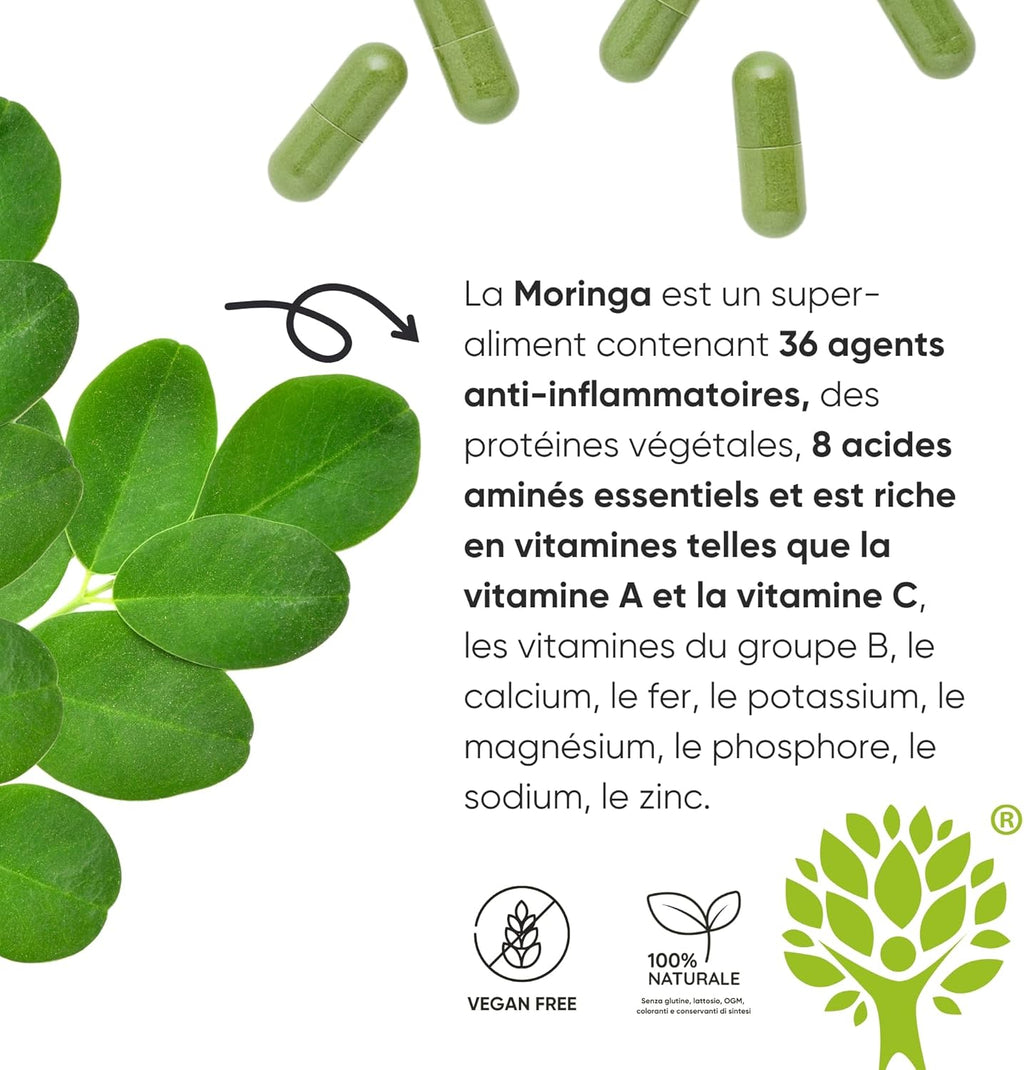 Moringa Bio | La Seule Moringa Biologique Produite En Italie | Véganes Sans Additifs | Super Antioxydant Riche En Vitamines Et Protéines Végétales | Haute Qualité  | 90 Gélules